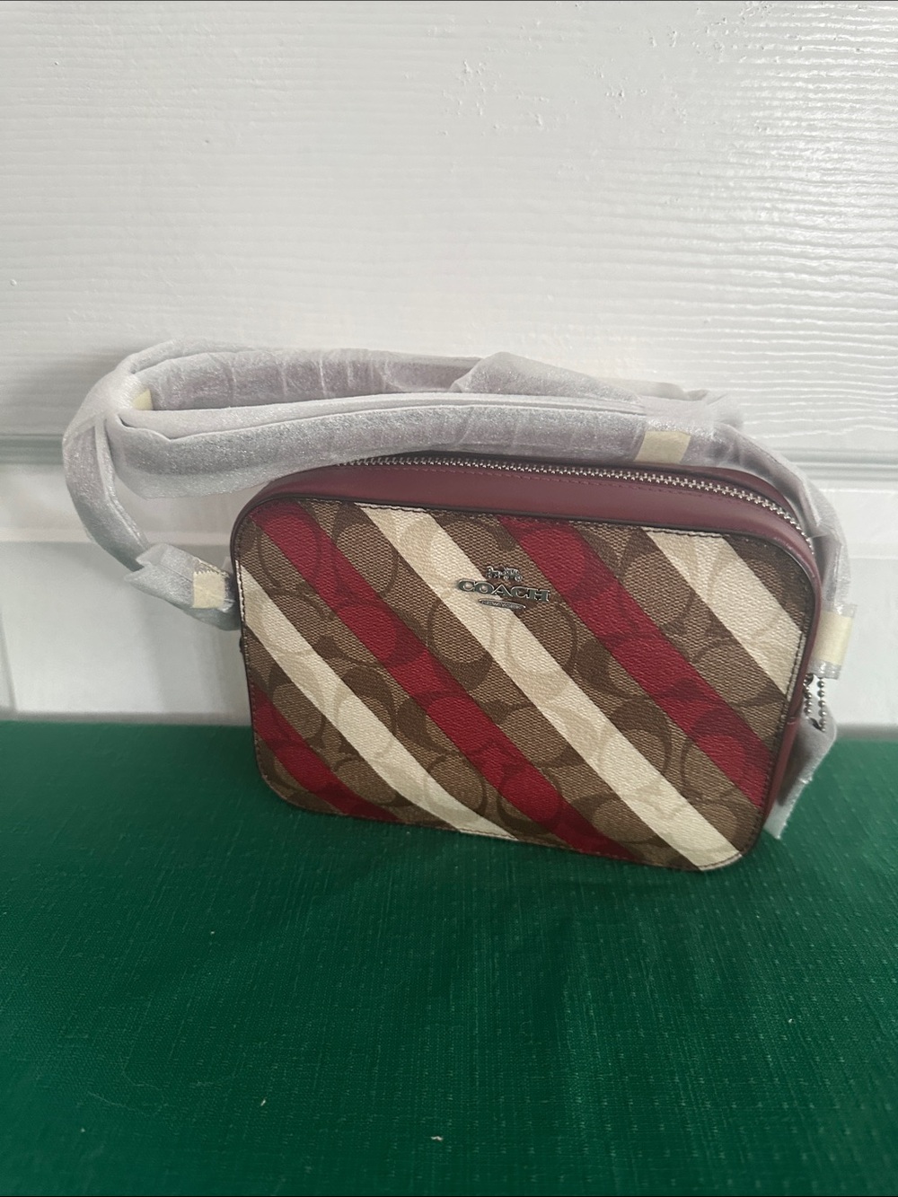 Coach Diagonal Stripe Mini Camera Bag in Red, Brown & Cream